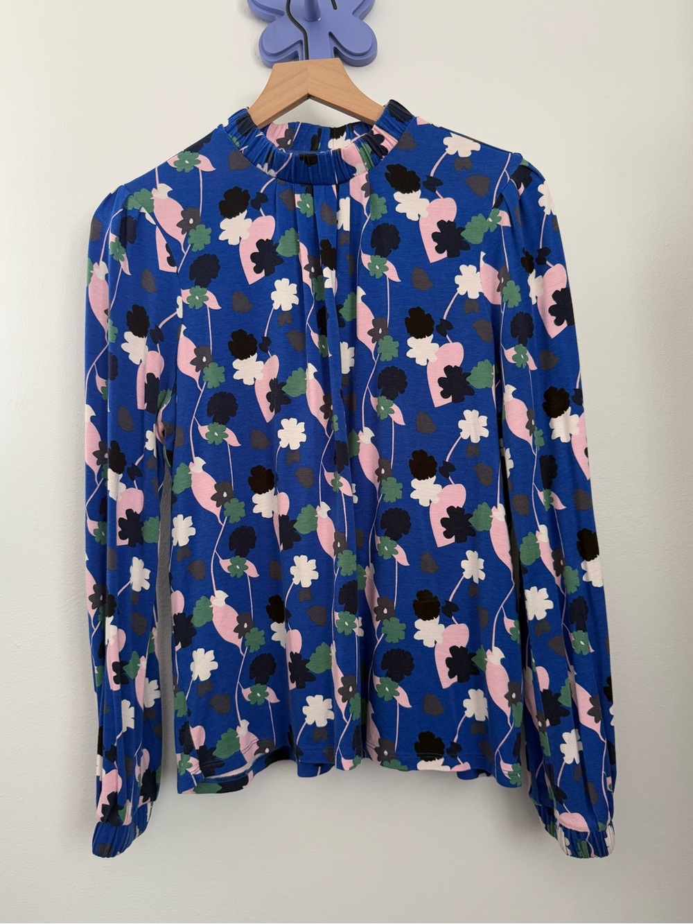Boden US 12 Royal Blue Floral Puff Long Sleeve Tee Mock Neck Relaxed Spring
